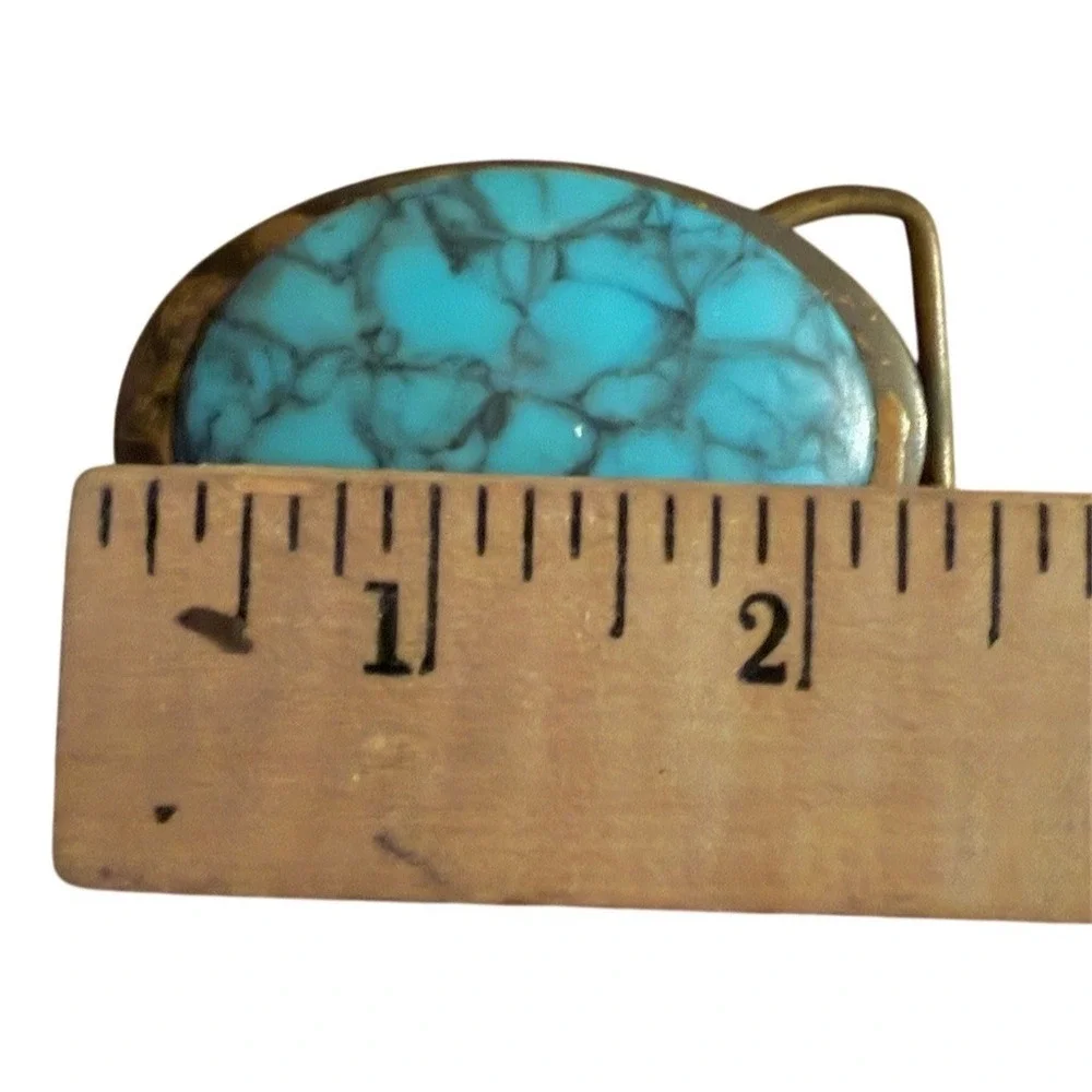 Vintage SIS Belt Buckle Blue Oval Cabochon Western Southwestern Stamped brass